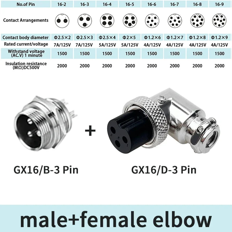 5/10 Sets GX16 2/3/4/5/6/7/8/9 Pin Aviation Connector Male Female 90 Degree Right Angle M16 Circular Cable Plug Socket