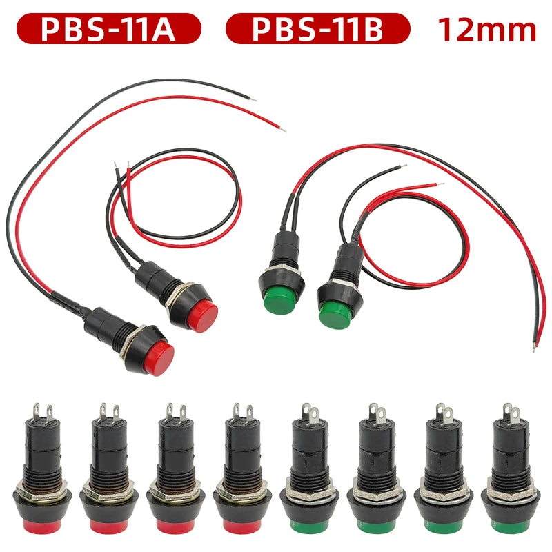 PBS-11A Self-locking Latching Switches 12mm PBS-11B Self-Reset Momentary Switches 2Pins 12mm Push Button Switch with Wire 20cm