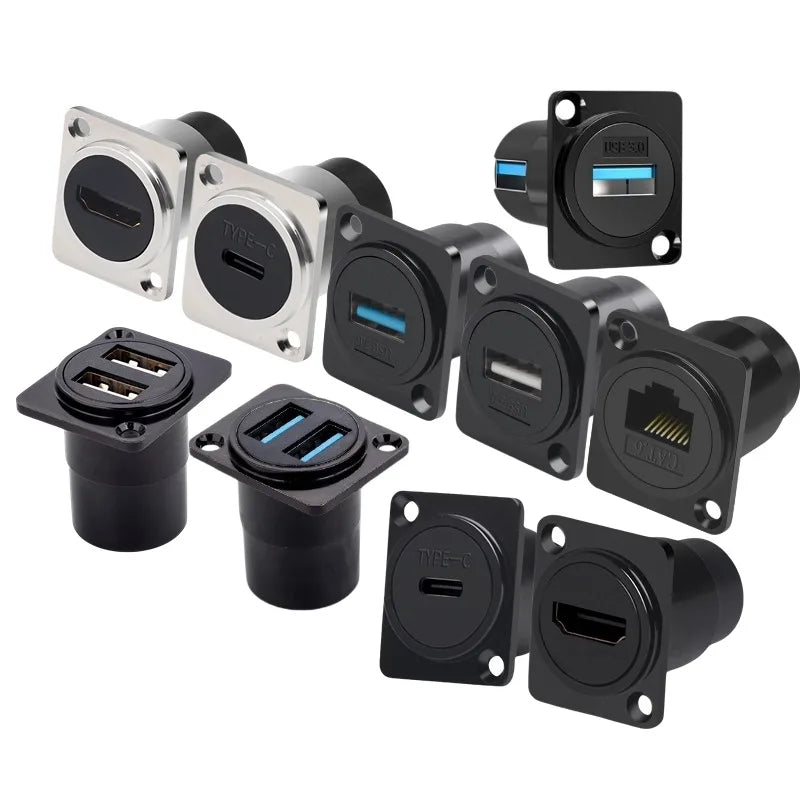 1pc Metal Round/D Type Module RJ45 CAT6&USB 2.0/3.0&Type C&HDMI-Jack Socket Through Network Panel Mounting Electronic Connector