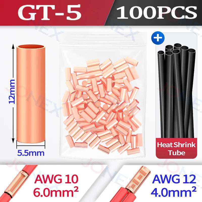 100PCS GT Copper Terminal Connectors Electrical Wire Cable Crimp Connecting Tubular Ferrules or for Lugs Have Heat Shrink Tubing
