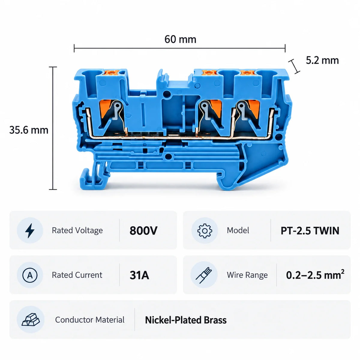 10PCS PT2.5-TW DIN Rail Terminal Block Twin 3-Conductor Feed Through Push In Spring Connector 2.5mm2 NS35 Electrical Wiring