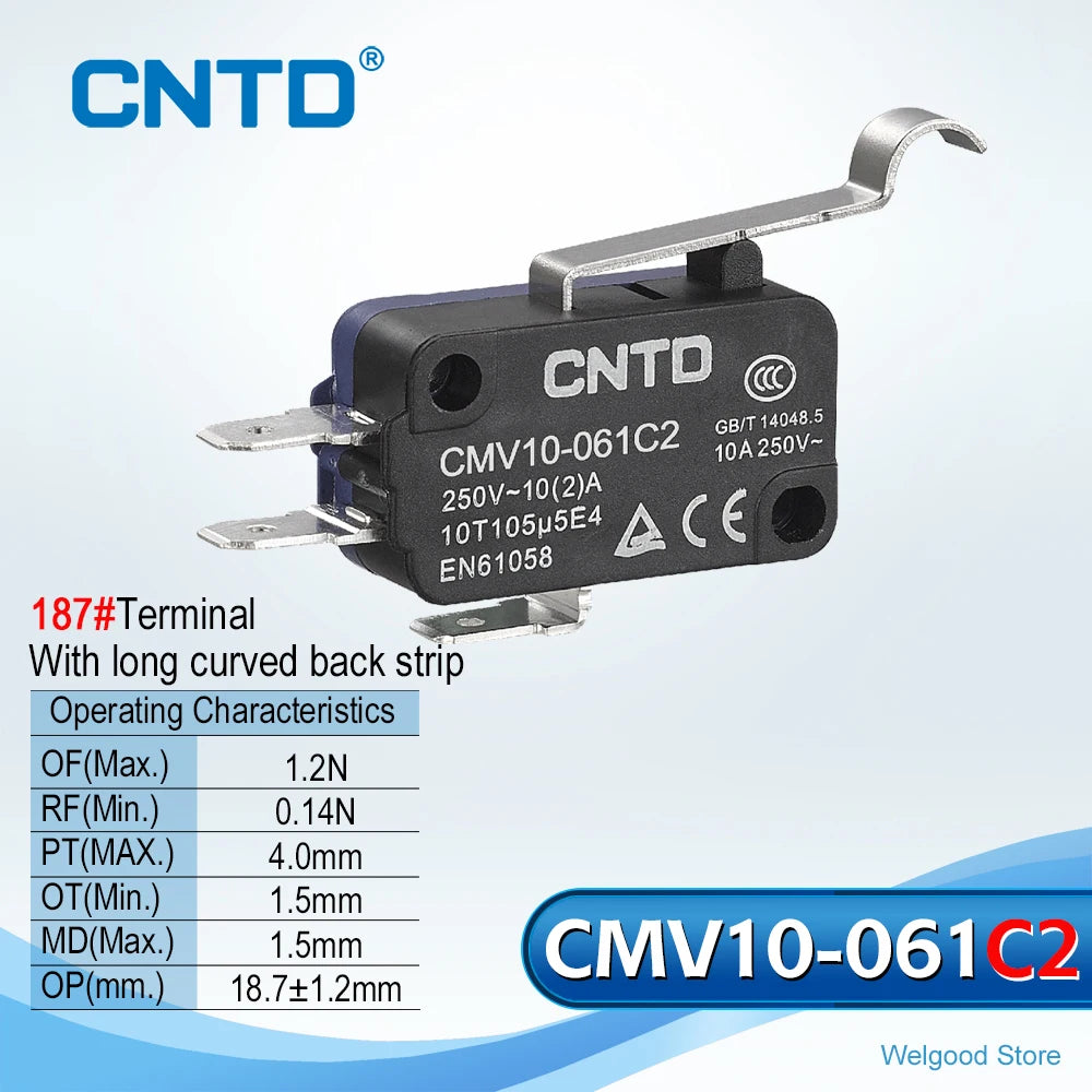 5pcs CNTD CMV10-061C/061C2 Mini Snap Action Micro Switch 10A 250V AC SPDT 1NO1NC Long Curved Lever Limit Switch 300K 3D Printer