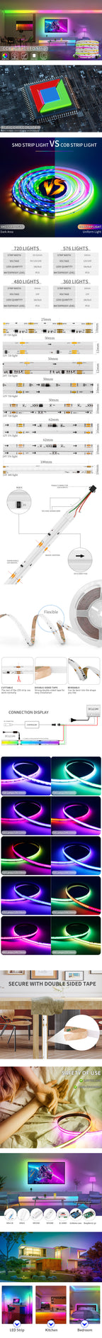 WS2811 RGBIC COB LED Strip Lights 576/720Leds WS2812B Full Dream Color Tape Addressable Smart SPI FCOB Light RA90 DC12/24V
