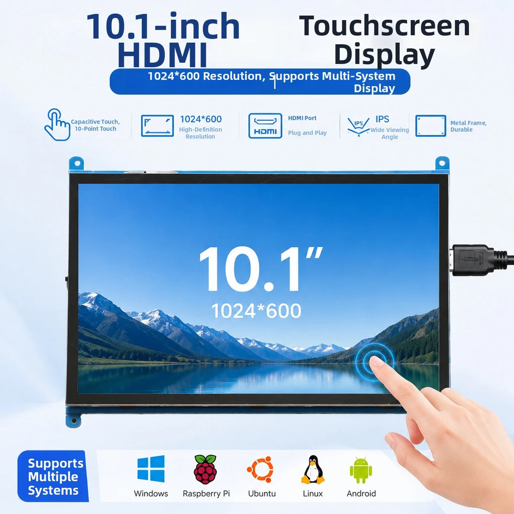 10.1Inch Raspberry Pi 4/3/2/B/B+/A+ Monitor 1024x600 IPS 5-Points Capacitive Touchscreen Drive Free HDMI Display For Win 7/8/10