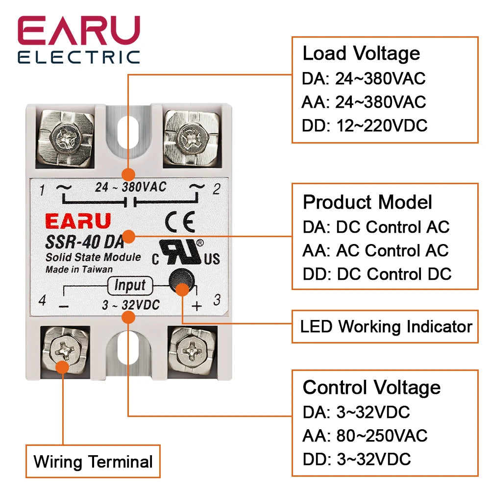 1Pcs Solid State Relay Single Phase SSR-10DA SSR-25DA SSR-40DA SSR-40AA SSR-40DD SSR 10/25/40A DD DA AA for Temperature Control