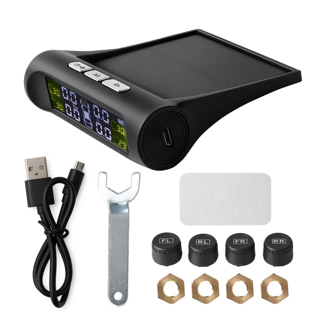 Digital LCD Display Universal Smart Car TPMS Tyre Pressure Monitoring System Auto Security Alarm Solar Charging