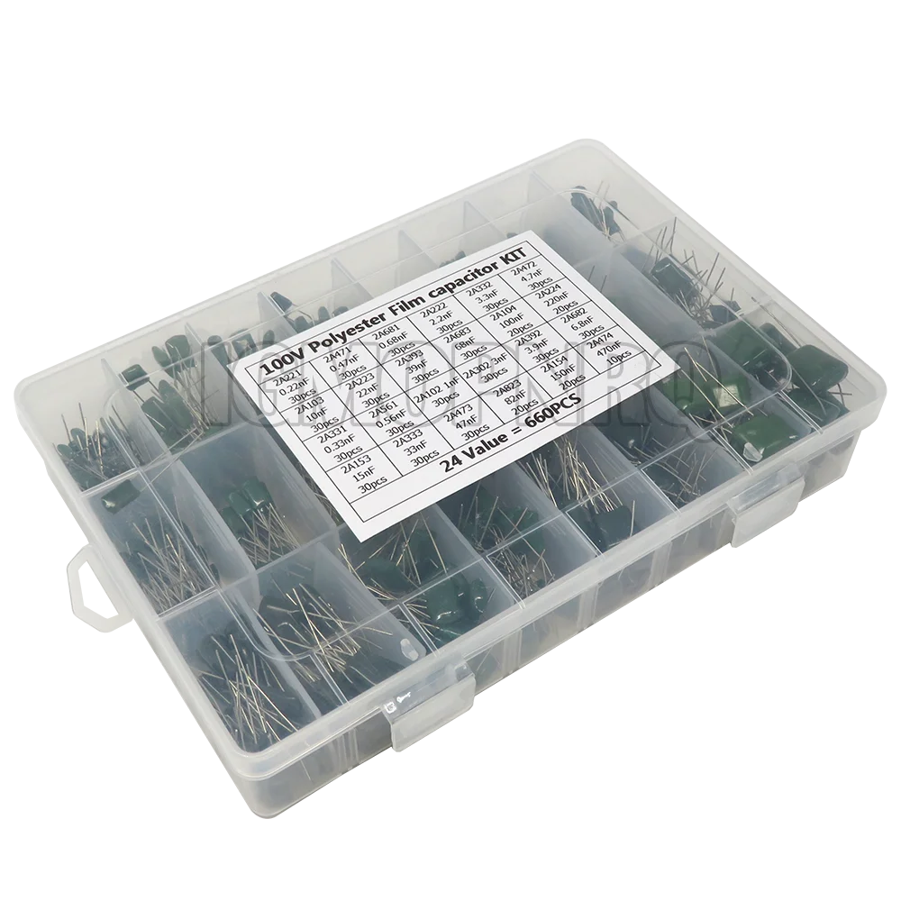 660PCS/lot 24Value Capacitor Kit 100V 2A221J To 2A474J Polyester Film Capacitor Assorted Kit 0.47nF 0.68nF 1nF 2.2nF Capacitors
