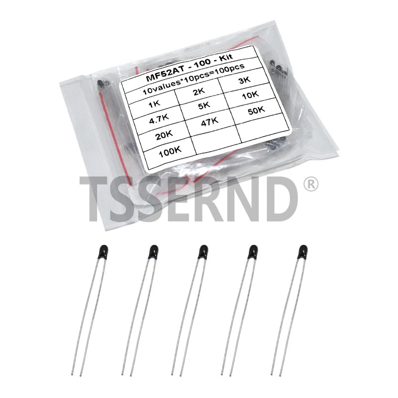 100pcs=10value*10pcs NTC Thermistor Resistor Kit NTC-MF52AT 1K 2K 3K 4.7K 5K 10K 20K 47K 50K 100K +-5% 3950B