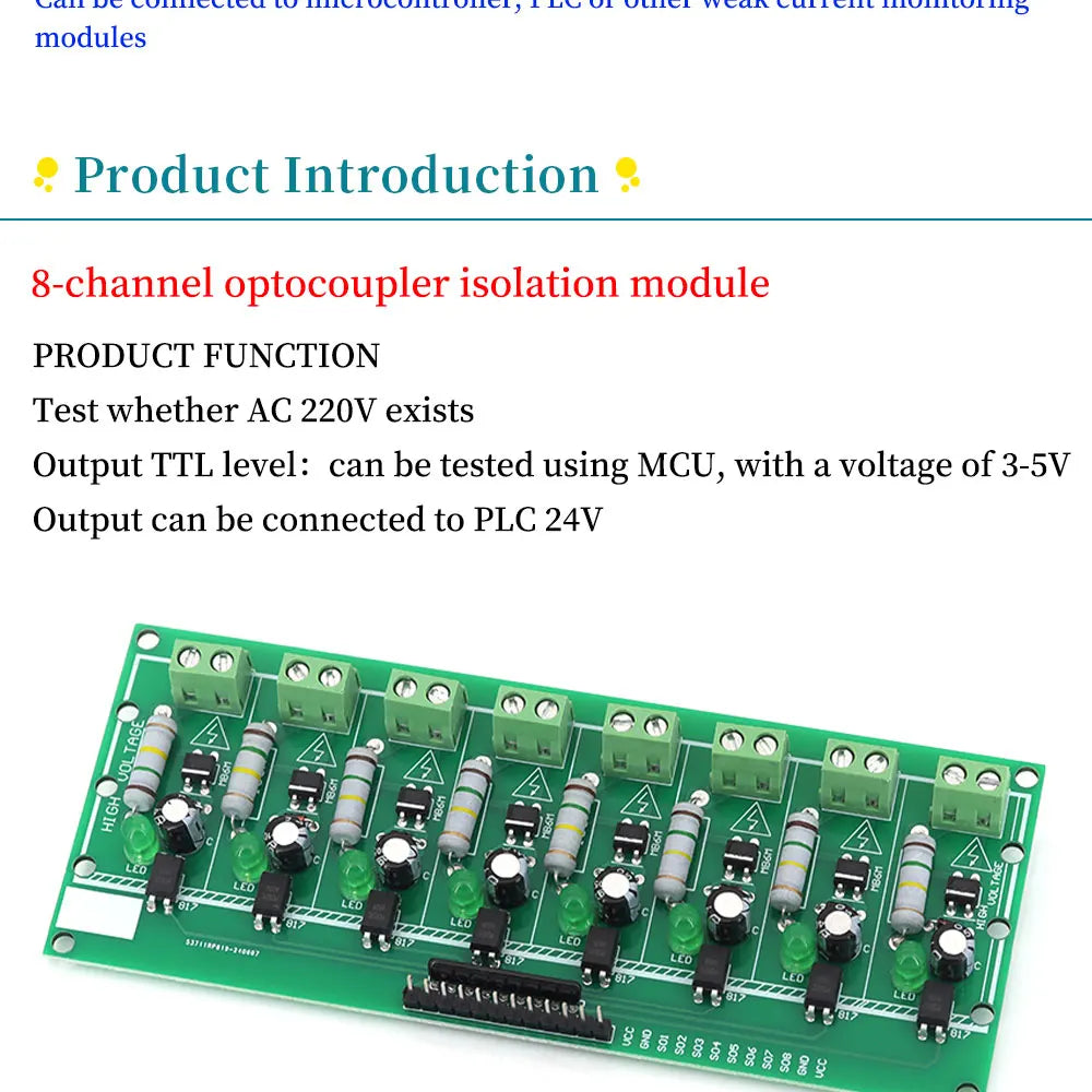 1/2/3/4/8-Bit AC 220V Optocoupler Isolation Module Voltage Detect Board Adaptive 3-5V For PLC Isolamento Fotoaccoppiatore Module