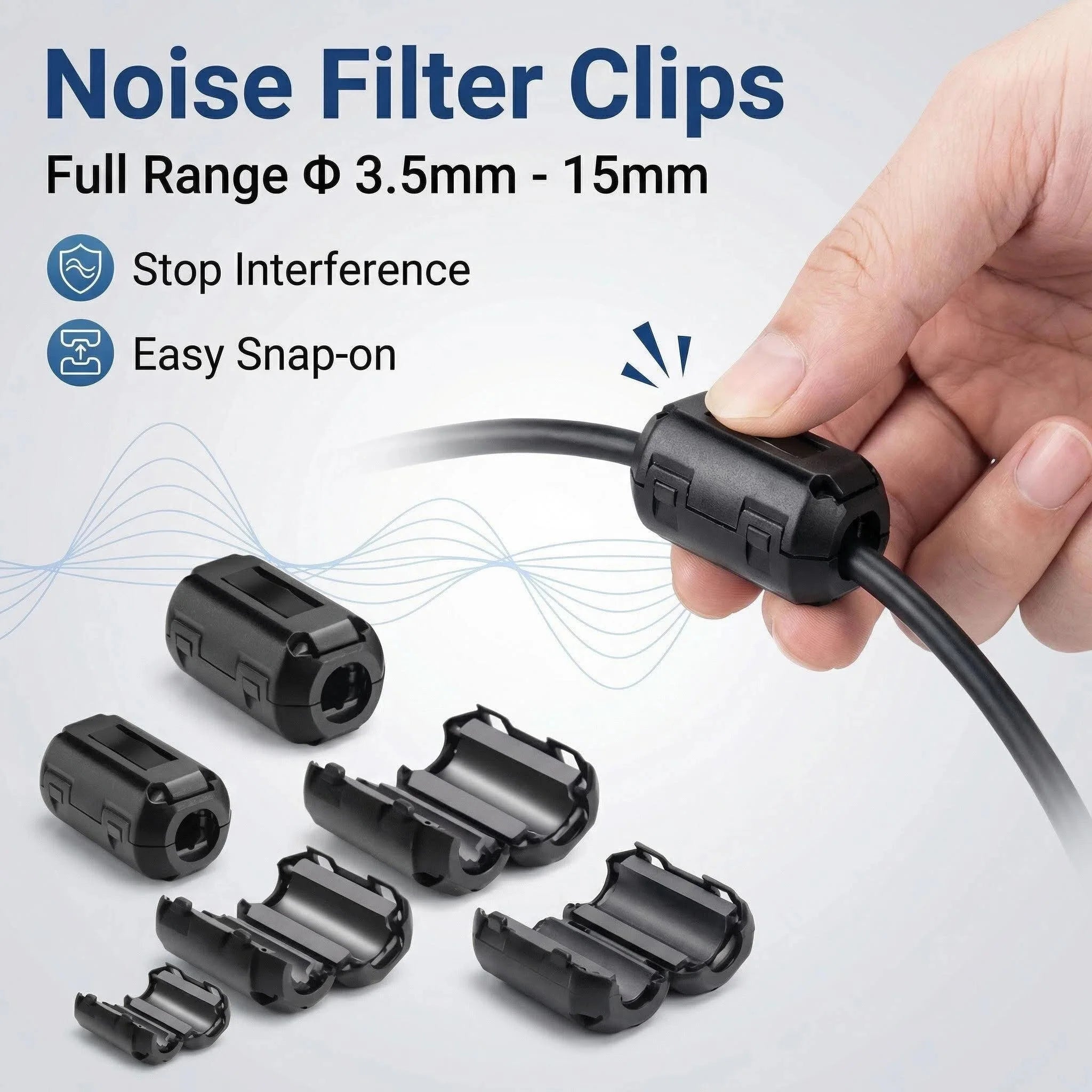 10Pcs 3.5/5/7/9/13/15mm Ring Core Ferrite Bead Clamp Choke Coil EMI RFI Noise Filter Clip Snap Cable for Black Magnetic Snap-on