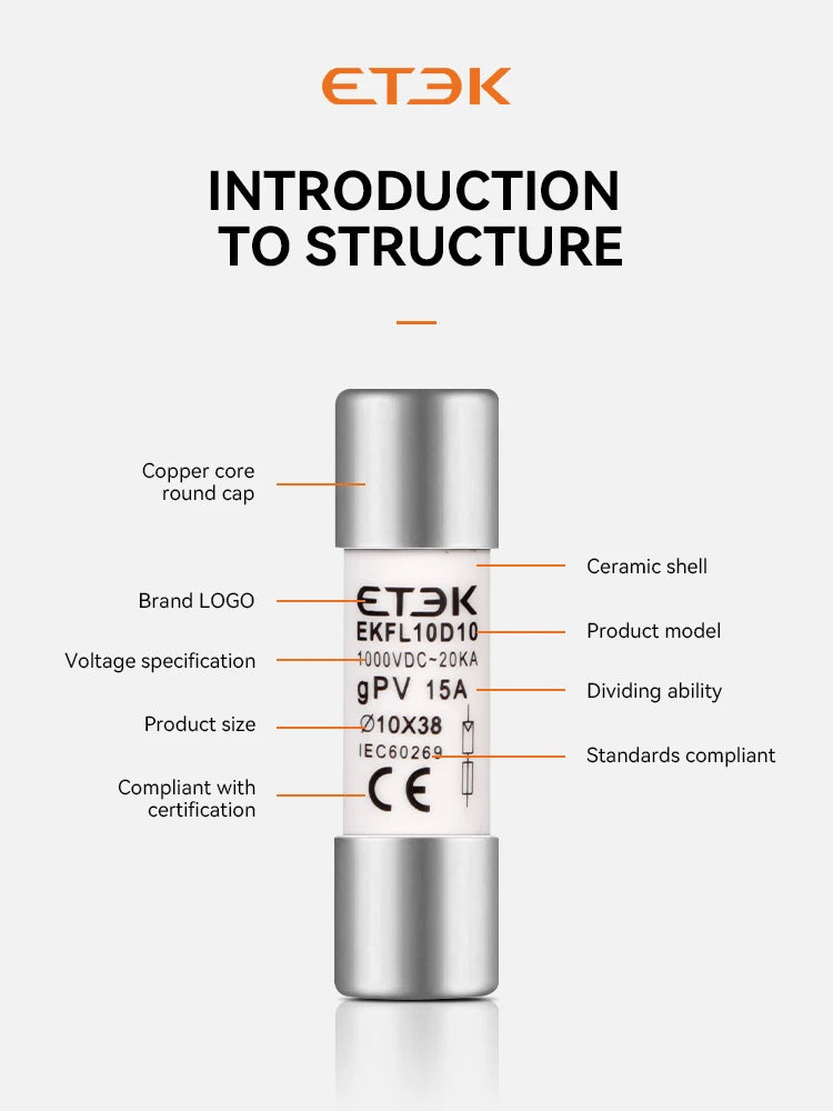 ETEK Solar DC 1000V PV Fuses 15A 20A 25A Ceramic GPV Fuse  10x38mm for Solar System Protection EKFL-10D