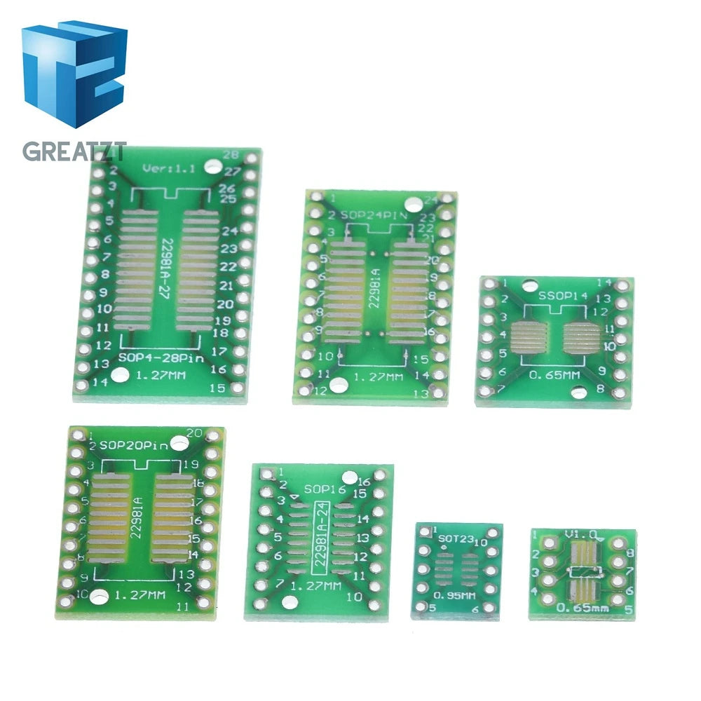 GREATZT 35pcs=7value*5pcs PCB Board Kit SMD Turn To DIP SOP MSOP SSOP TSSOP SOT23 8 10 14 16 20 24 28 SMT To DIP