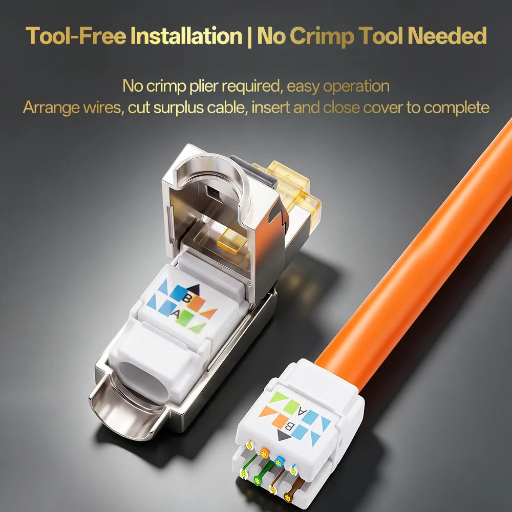 Cat7 Tool‑Free RJ45 Connector Shielded Reusable Field Termination Zinc‑Alloy No Crimp for CAT7 CAT6A STP Network Cabling Project