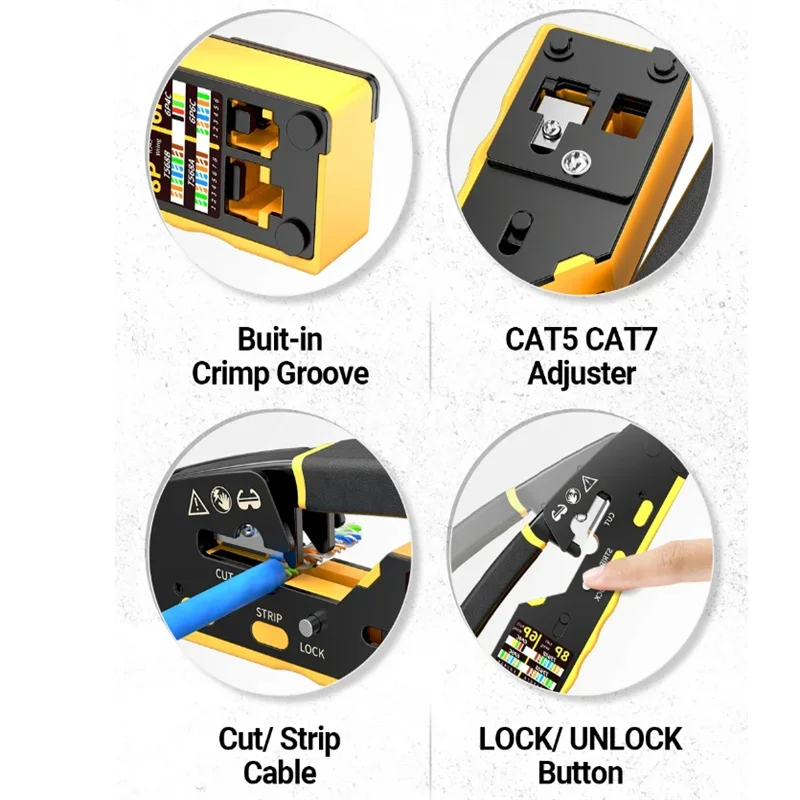 AOKIN RJ45 Network Crimper - 3-in-1 Crimp/Cut/Strip Lan CAT8/7/6A/6/5E (STP/UTP) & RJ11/12 Tel Modular Cable