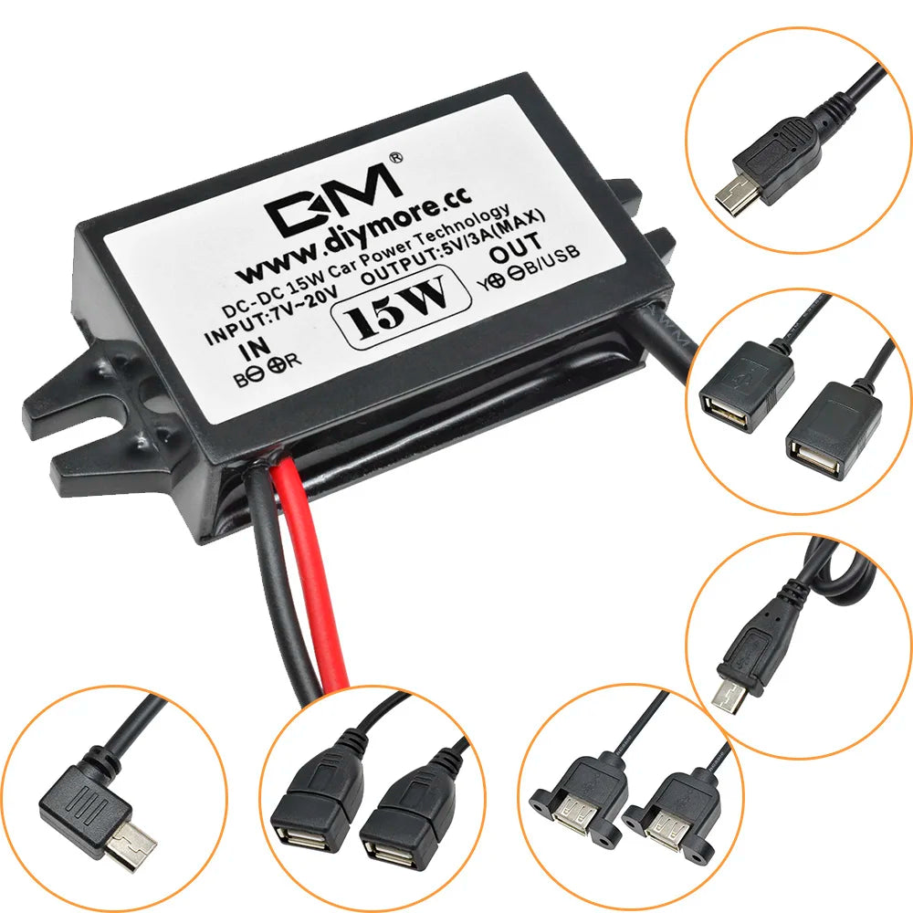 DC-DC Step Down Buck Converter Power Supply Module for Car 12V to 5V 3A 15W for Car Male Female USB Mini USB Micro USB Adapter