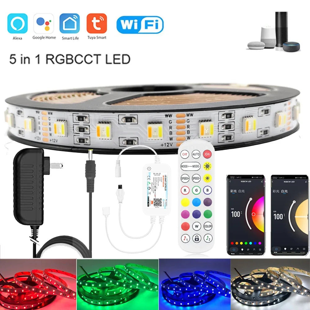 Tuya Wifi 5in1 LED Strip Lights Kit DC12V 5050 RGBCCT RGB+W+WW APP/Voice/Remote Control Smartlife for Alexa Google Home 1M-5M