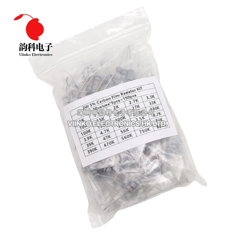 150PCS 300PCS 1W 2W 3W 5W Carbon Film Resistor Assortment Kit 5% Resistance Set 30Kinds 0.1-750 ohm 1K-820K DIY components