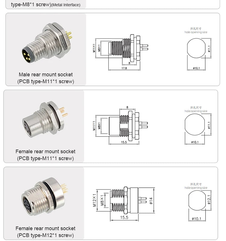 CAZN M8 Welding Panel Connector Male Female Back Mount Socket SMD 3 4 5 6 8 Core Angle Pin Male and Female Socket