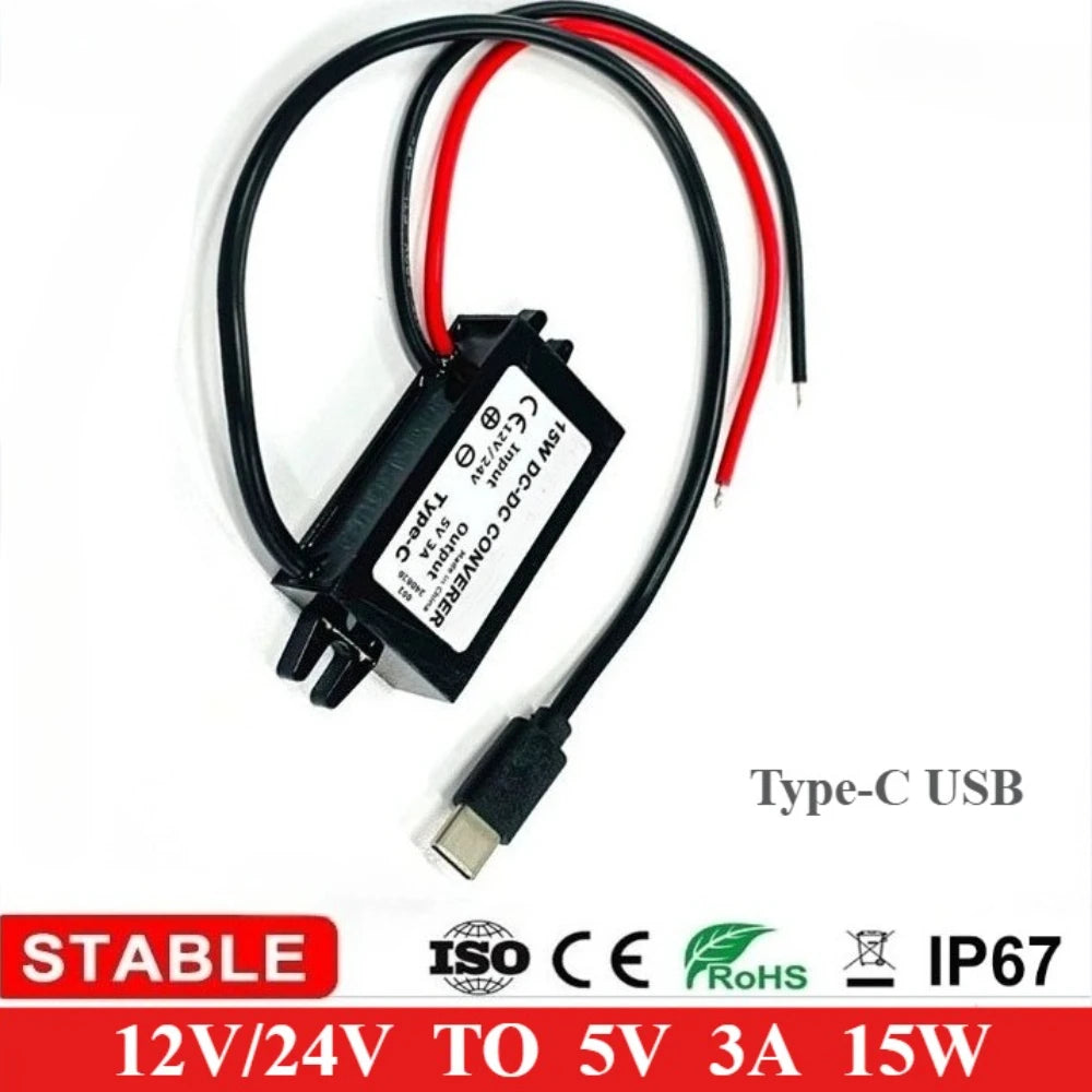 8-32V 12V 24V to 5V 3A DC DC Step Down Converter Type-C USB Power Buck Supply Charger for Mobile Phone iPad Charging Waterproof