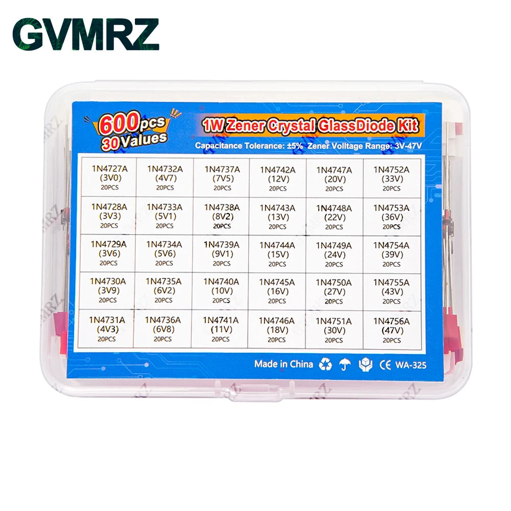 600PCS 30Values 1W Zener Diode Kit 3V-47V Box for Electronics Voltage Regulation Projects