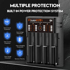 POWERKAN Q4 4-Bay Charger for 1.2V Ni-MH AA AAA & 3.7V Li-ion 18650 26650 Batteries with USB Output