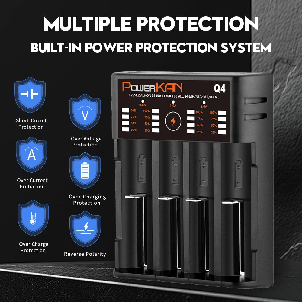 POWERKAN Q4 4-Bay Charger for 1.2V Ni-MH AA AAA & 3.7V Li-ion 18650 26650 Batteries with USB Output