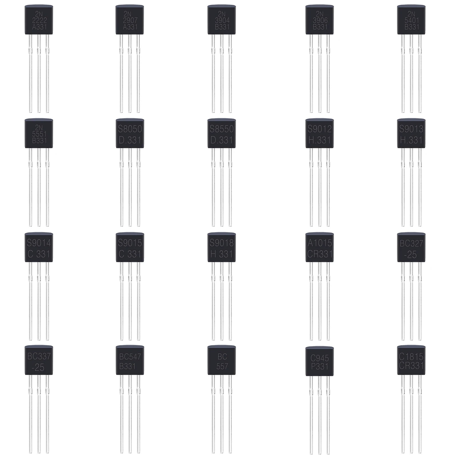 100pcs BJT transistors 20 Values A1015 BC327 BC337 C1815 S8050 S8850 2N2222 2N2907 2N3904 2N3906 C945 S9012 S9013 S9014 S9015