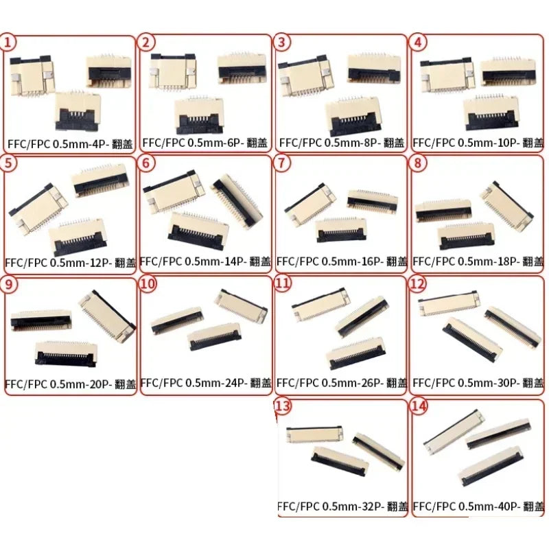 10Pcs FPC FFC Connector Socket Pitch 0.5mm Back Flip Front Insert Horiztontal Socket 4/6/8/10/12/14/16/18/20/30/32/40/50/60 Pin