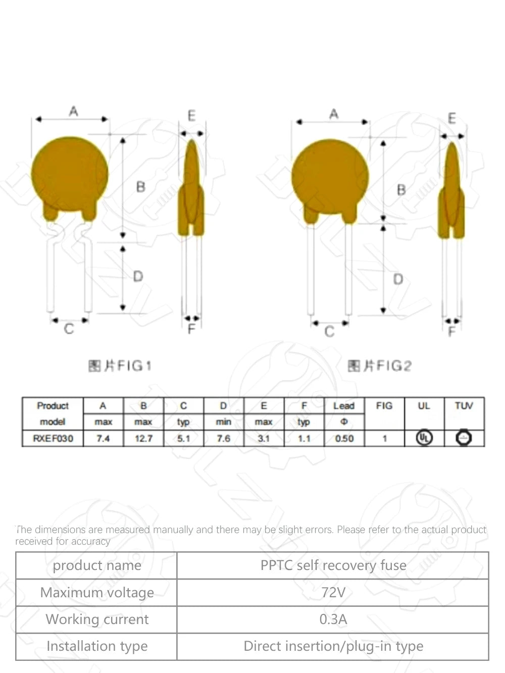 72V 0.3A 300MA PPTC Resettable Fuse RXEF030 XF030 Pitch 5mm