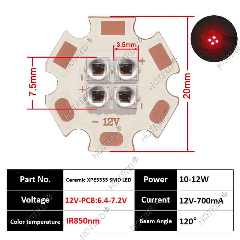 10W High Power LED Chip IR Infrared 660nm 680/730/760/810/850nm 12W 3535 Bead 2V 4V 8V 700/1400/2800mA For Night Vision Security