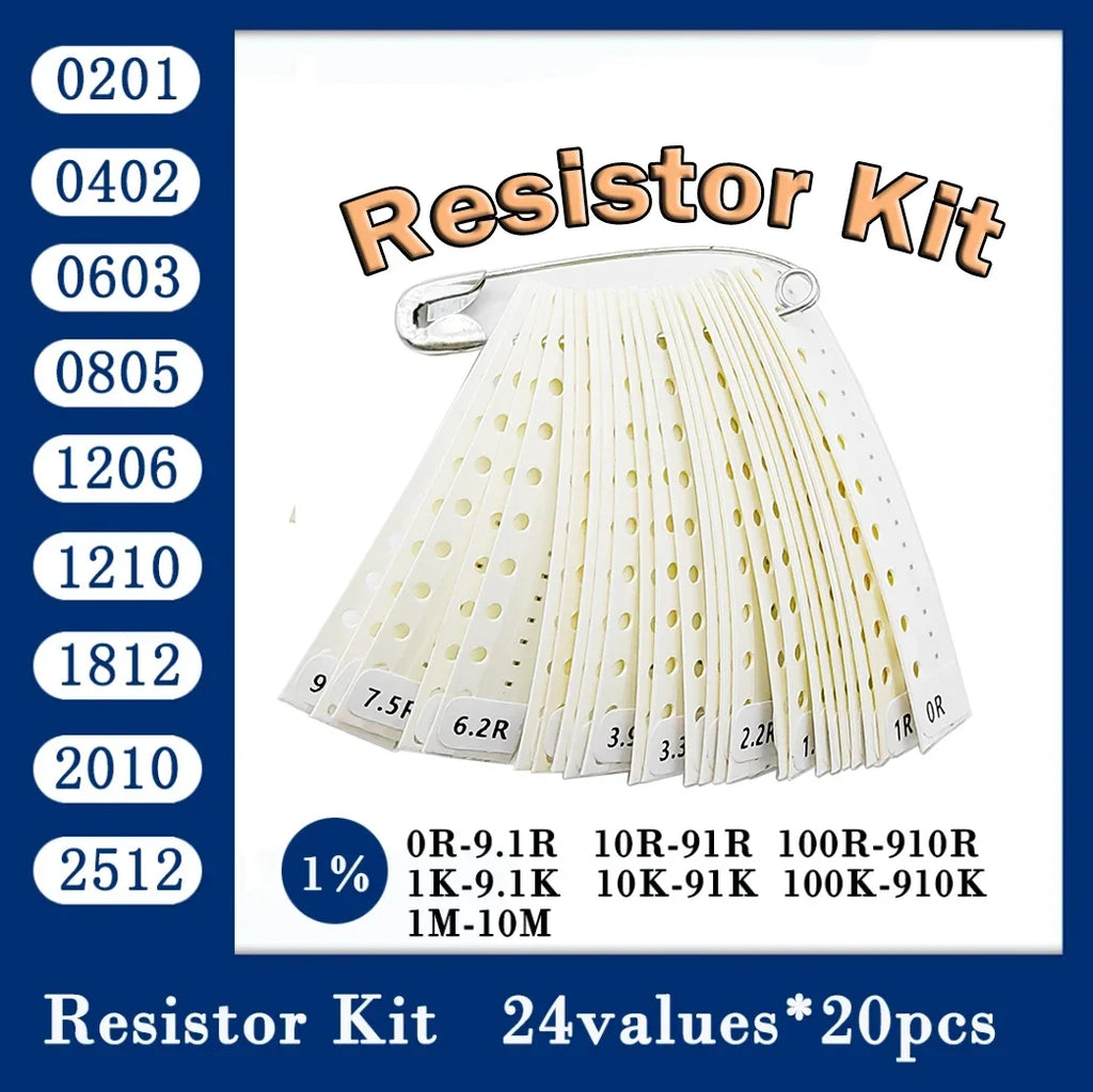 Resistor Kit 0201 0402 0603 0805 1206 1210 1812 2010 2512 SMD Resistor Package 24values*20PCS=480PCS 1% Sample Kit Resistor