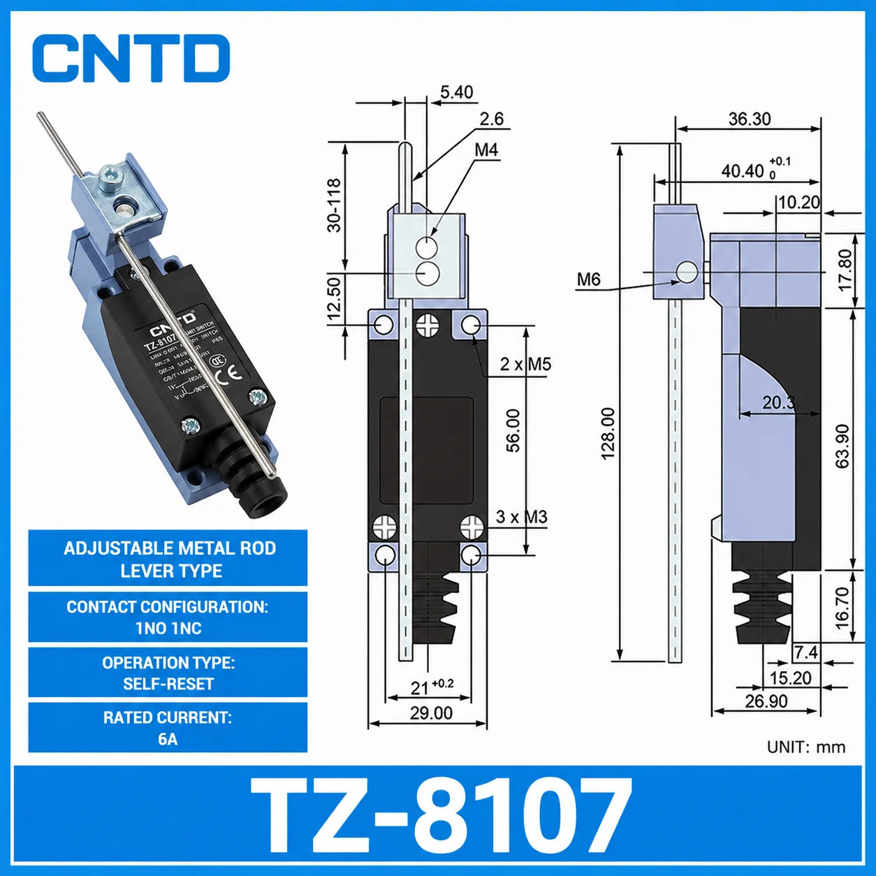 2Pcs CNTD TZ‑8 Series Micro Limit Travel Switch IP65 Waterproof 1NO+1NC 10A 250VAC Industrial Mechanical Position Switch