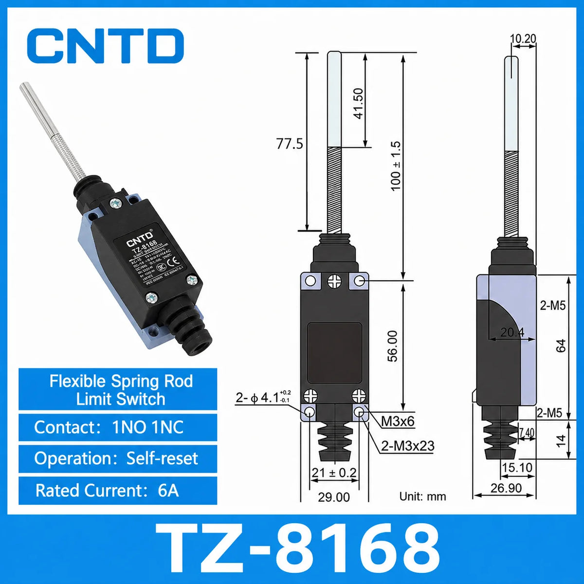 2Pcs CNTD TZ‑8 Series Micro Limit Travel Switch IP65 Waterproof 1NO+1NC 10A 250VAC Industrial Mechanical Position Switch