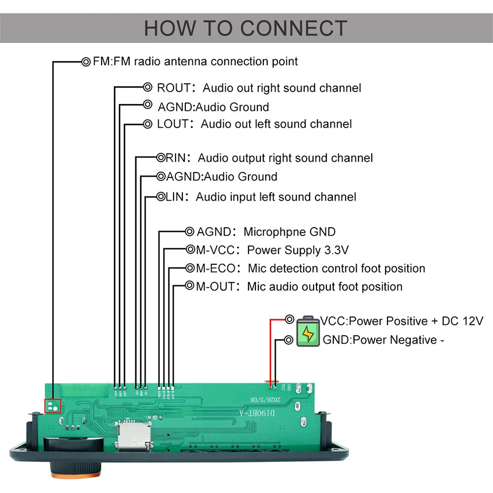 DC12V MP3 WMA WAV Decoder Board Bluetooth 5.3 Handsfree Car Audio Microphone USB TF FM DIY Music Player
