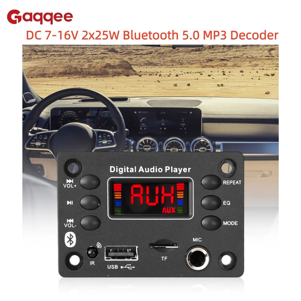 DC7-16V Bluetooth 5.0 MP3 Decoder Board 2x25W Car Audio Amplifier Board With Radio Function & Microphone Jack