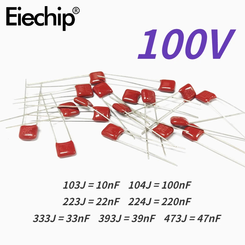 40PCS 100V CBB Capacitors 103J 10nf 104J 100nF  223J 22nF 224J 220nF 333J 33nF 393J 39nF 473J 47nF Polypropylene Film Capacitor
