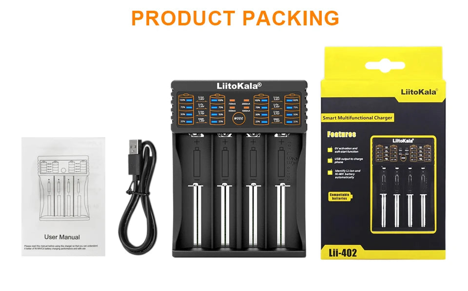 LiitoKala Lii-402 Universal Smart Battery Charger Compatible with Multiple Sizes Including 18650, 26650, 18500 Batteries