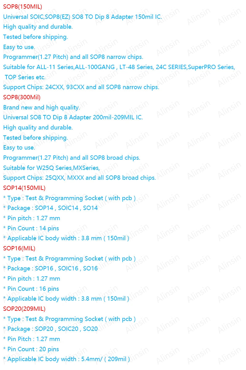 Sop8/Sop14/Sop16/Sop20/Sop28/44/Tssop8/Tssop16/Tssop20/Tssop28/TQFP32/LQFP44 To Dip Programmer Adapter Socket 150/208/173/300mil
