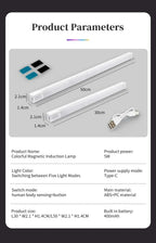30cm 50cm Magnetic LED RGB Cabinet Light with Motion Sensor USB-C Wireless Night Light with 5 Modes for Closet Gaming Atmosphere