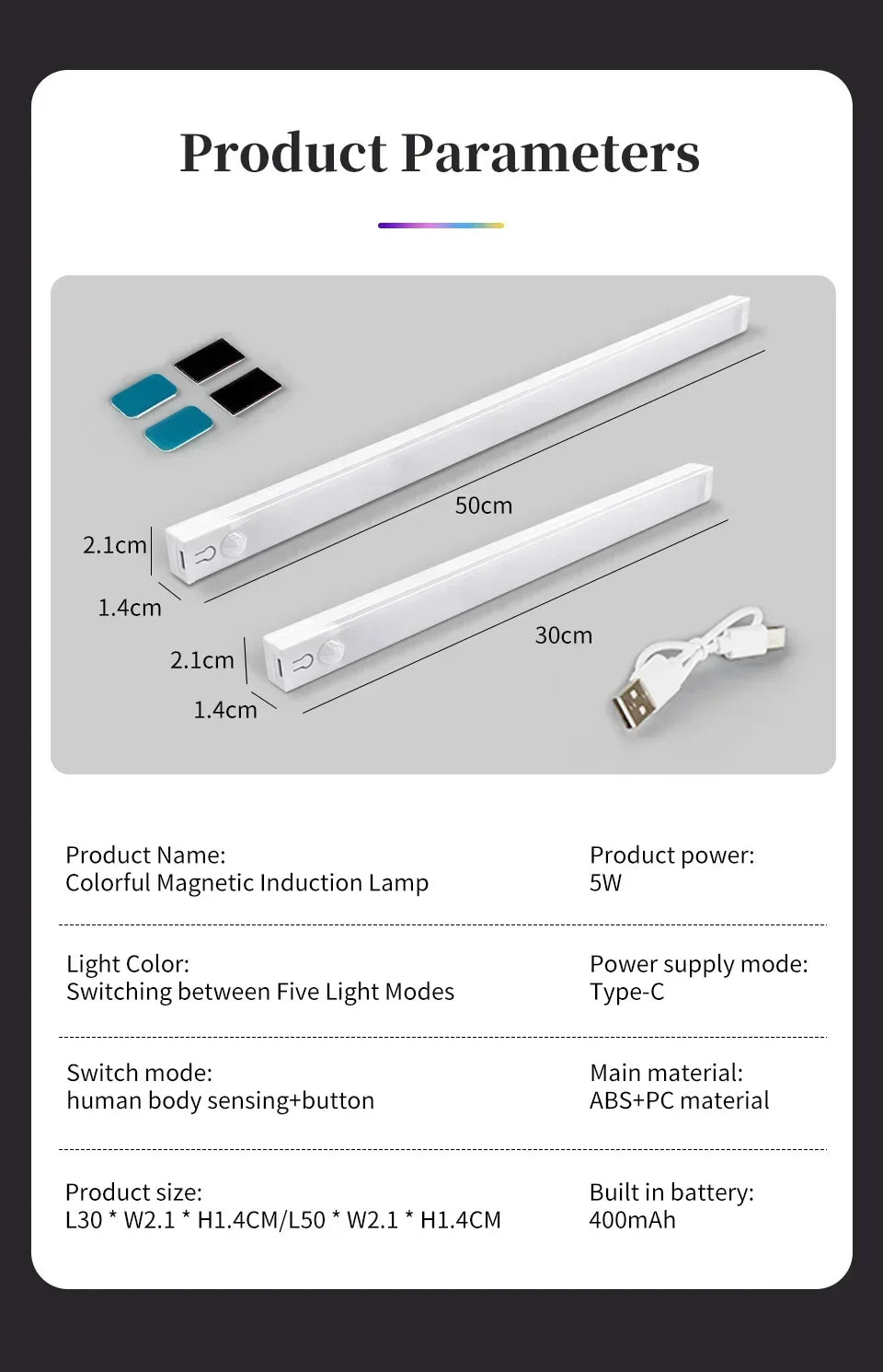 30cm 50cm Magnetic LED RGB Cabinet Light with Motion Sensor USB-C Wireless Night Light with 5 Modes for Closet Gaming Atmosphere