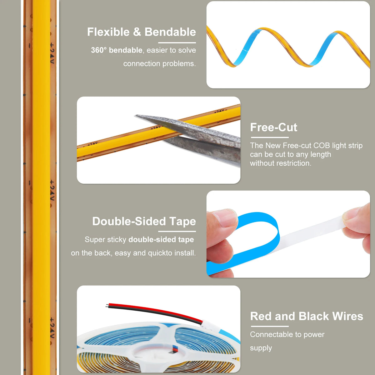 5mm 8mm PCB COB LED Light Strip Free Cut 12V 24V With 2PIN Wire DC Plug 400LEDs/m 3000k 4000k 6000k Flex Lamp 0.5m 1m 5m 10m 20m