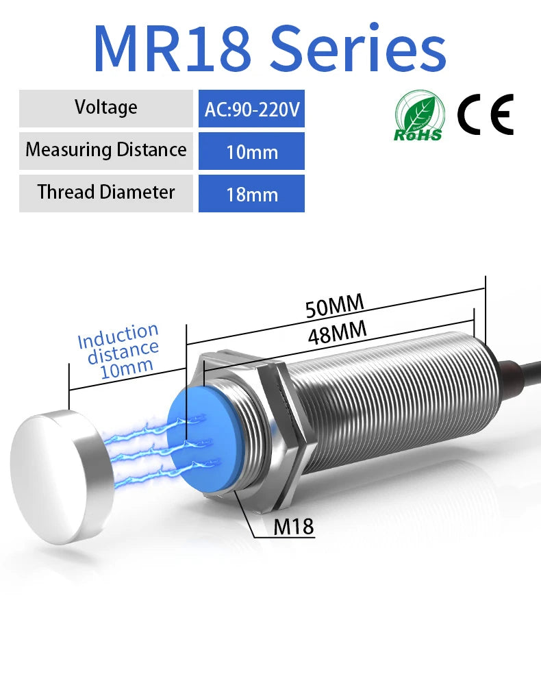 GTRIC Magnetic Reed Proximity Sensor Switch M08/12/18 Flush Type 10MM Detection Distance 5-220V AC DC 2 Wires PNP/NPN NO NC