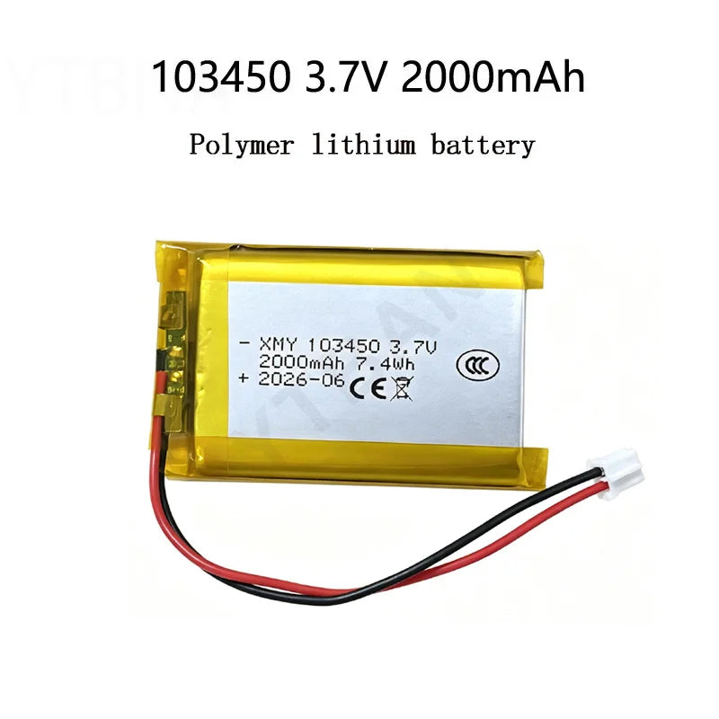103450 3.7V 2000mAh Polymer Lithium Rechargeable Battery Jst PH 2.0mm 2pin Plug for Camera GPS Navigator MP5 Bluetooth Headset