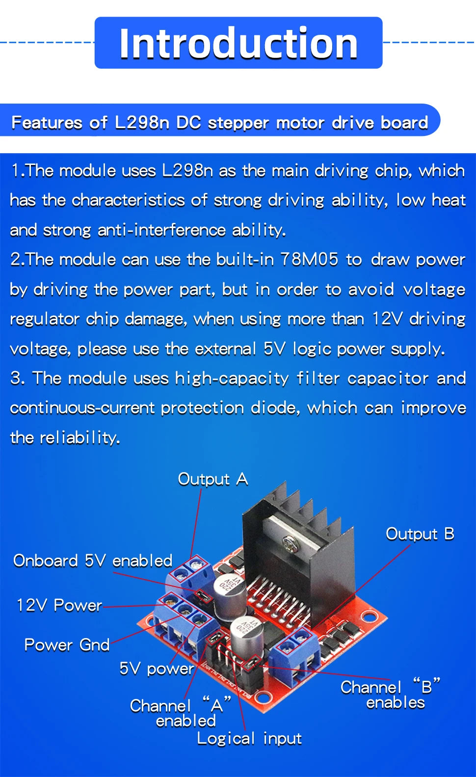 1PCS L298N Driver Board Module L298N Stepper Motor Smart Car Robot Breadboard Peltier High Power L298 DC Motor Driver