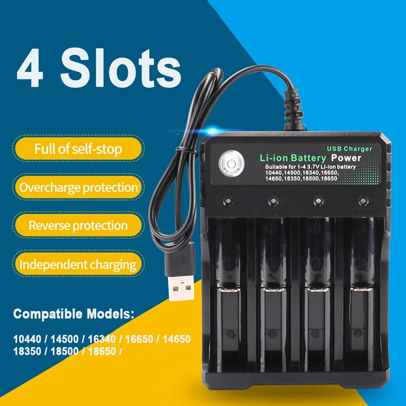 18650 Charger 4 Slots 4.2V Li-ion Battery USB Rechargeable Charging 18650 18500 14500 16650 26650 Lithium Battery Smart Charger