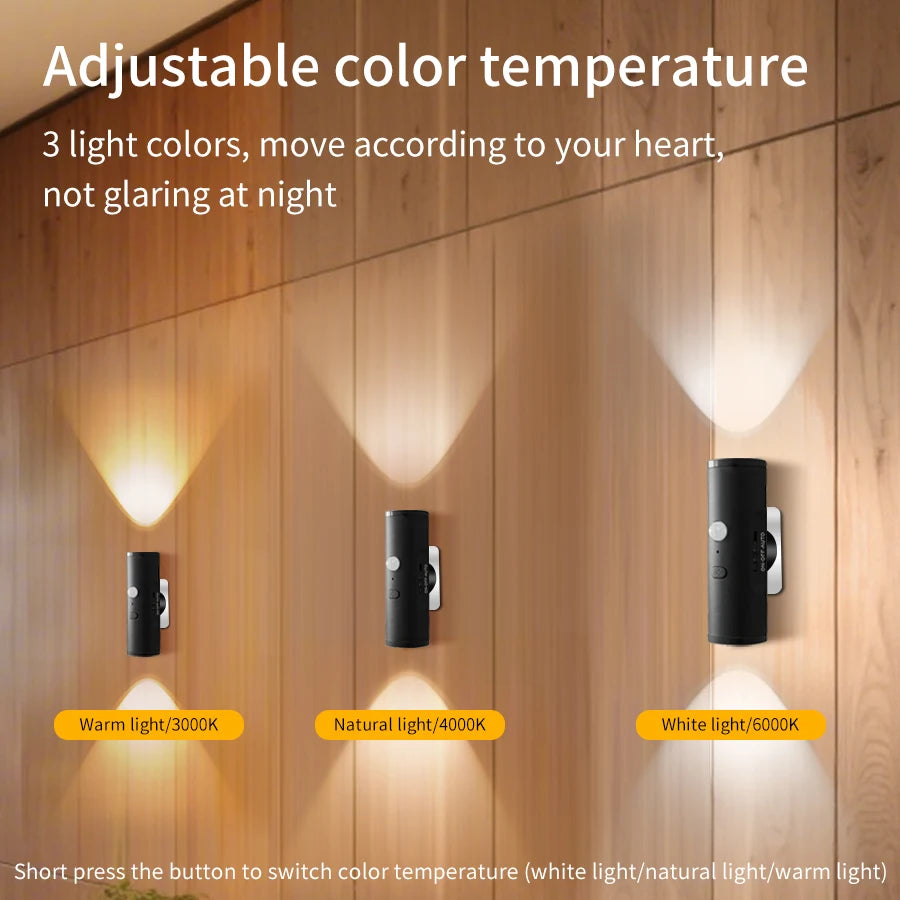 Rechargeable Motion Sensor LED Night Light Double Head Magnetic 3 Color Wall Lamp USB Charging for Closet Stairs Hallway Kitchen