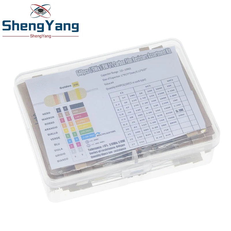 TZT 1/8W 5% 640pcs 64 Values 1R - 10MR 0.125W Carbon Film Resistors Assorted Kit Set