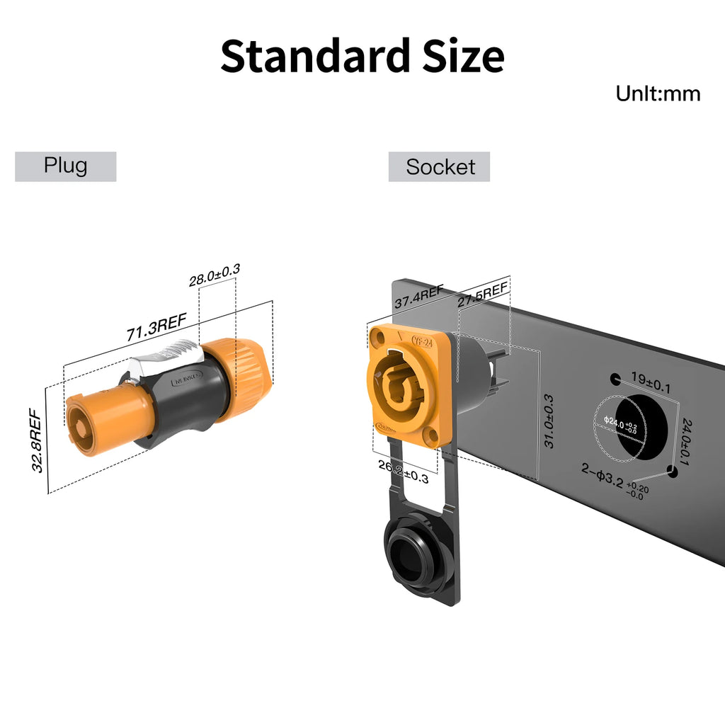 CNLINKO M24 Industrial Power Connector PBT 3 Pin 20A 500V Waterproof Snap-Latch Locking for LED Display Stage Lighting & Theater