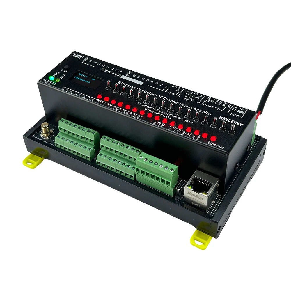 Kincony B16 ESP32-S3 Smart Controller 16CH Relay Output 7CH 1-Wire GPIOs 4CH ADS1115 Analog Input ESPHome Tasmota Tuya SD Card