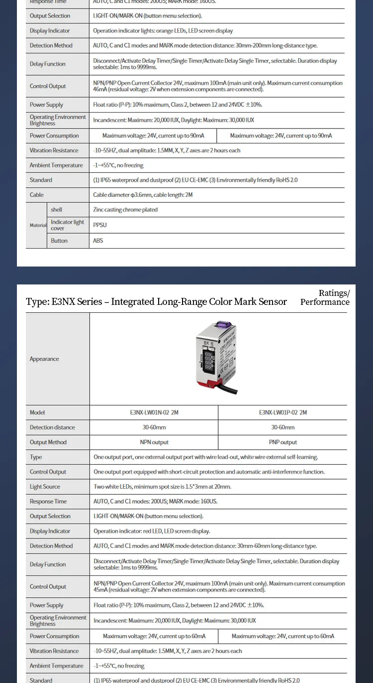 ZHICAN E3NX-L Color Mark Sensor 30-200mm Adjustable Sensing Distance High Precision Registration Detection Label Positioning